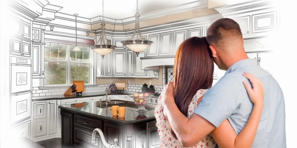 Couple envisioning what their new kitchen will look like once they close on the property with realtor Paula Rogers.